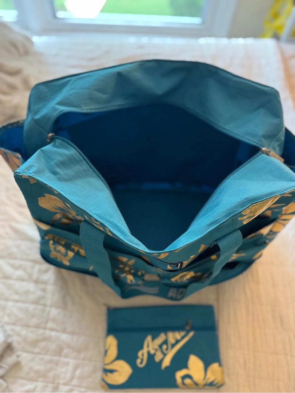 Teal Tote Bag with Gold Floral Accents and Matching Pouch